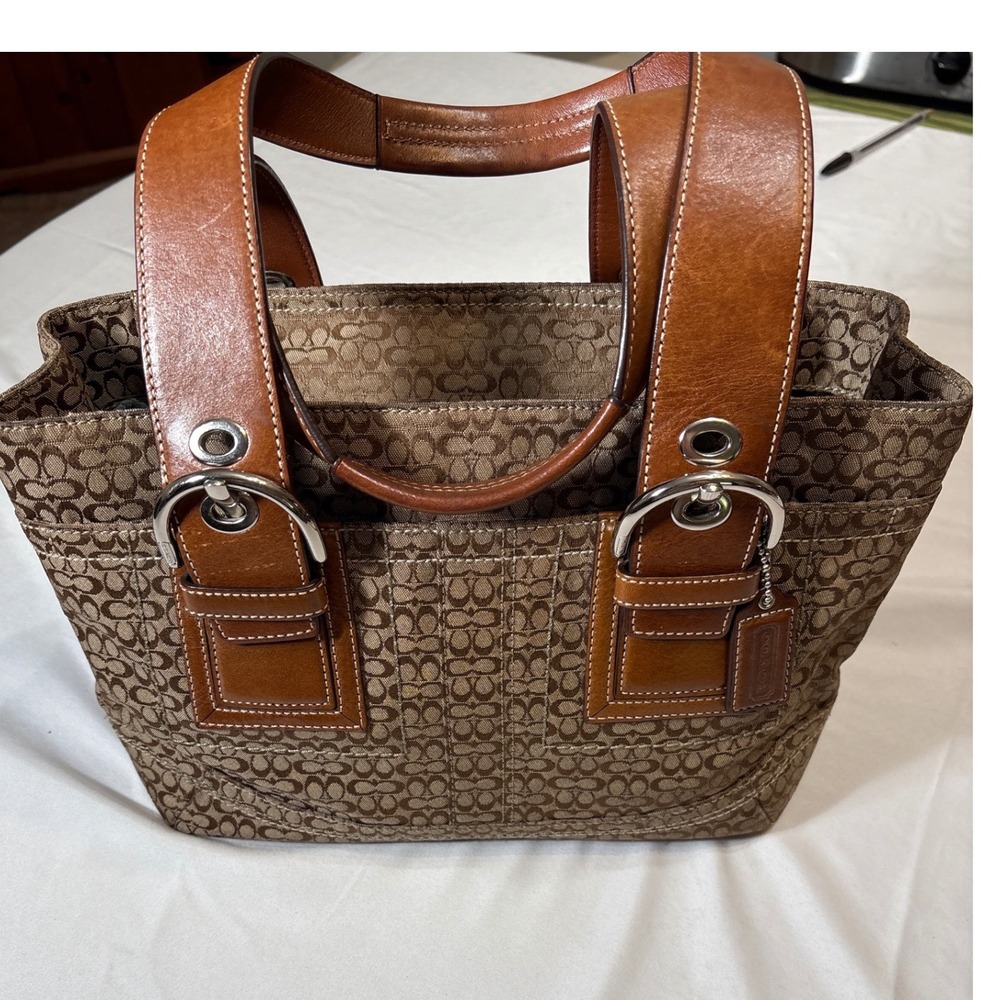 Coach Ergo Signature Pleated Tote Khaki Tan Leather Shoulder Bag F12310